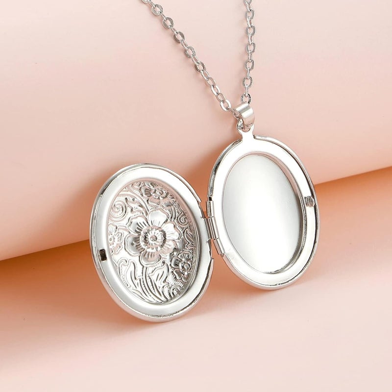 SCRDPRAD Vintage Engraved Flower Empaistic Photo Locket Hold Picture Oval Round Pendant Necklace Antique Carved Pattern Souvenir Memorial Clavicle Sweet Jewelry for Women - Image 1